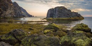 Rocks covered in green moss and tall cliffs along the coast of Gros Morne National Park in Newfoundland